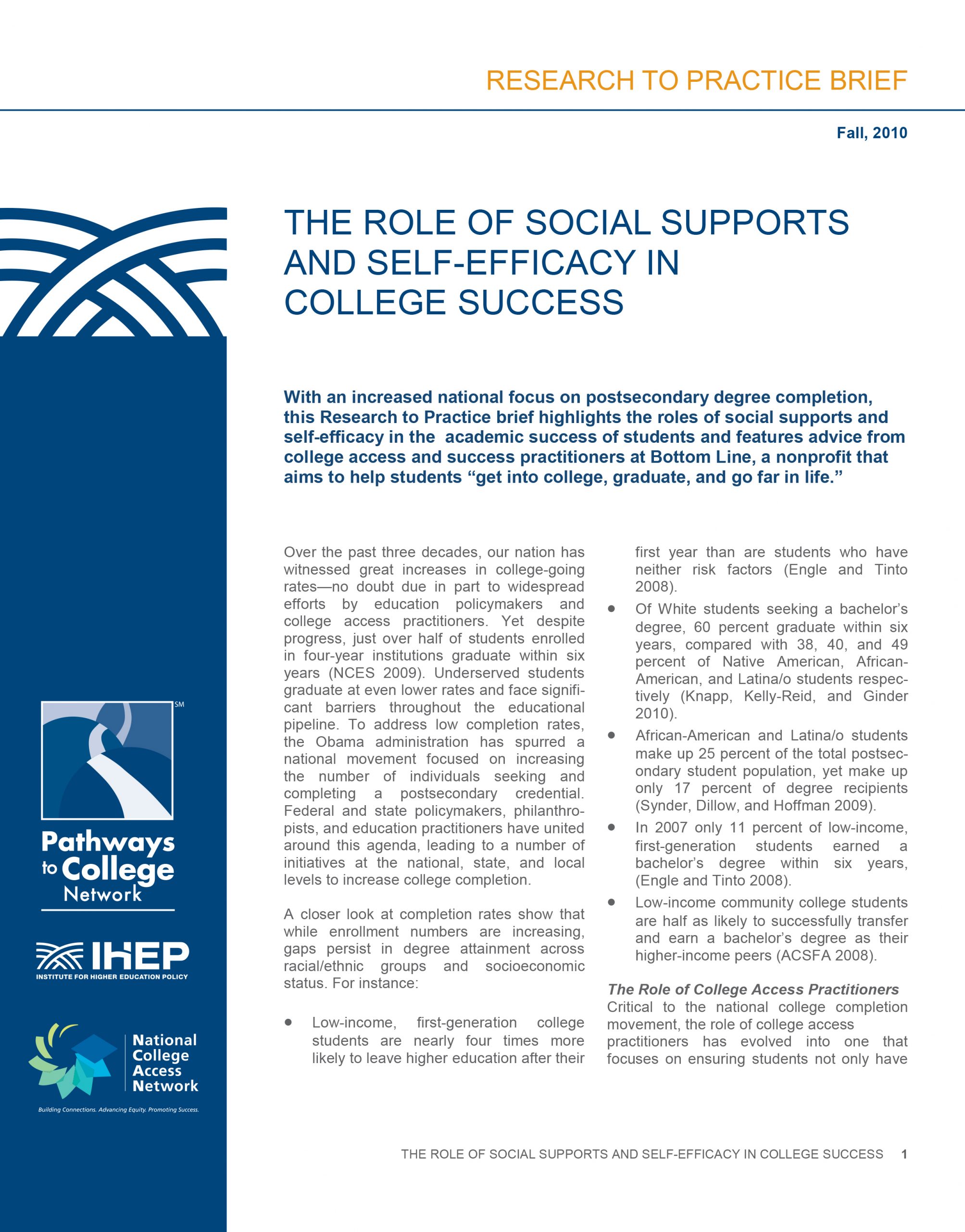 The Role Of Social Supports And Self-Efficacy In College Success - IHEP